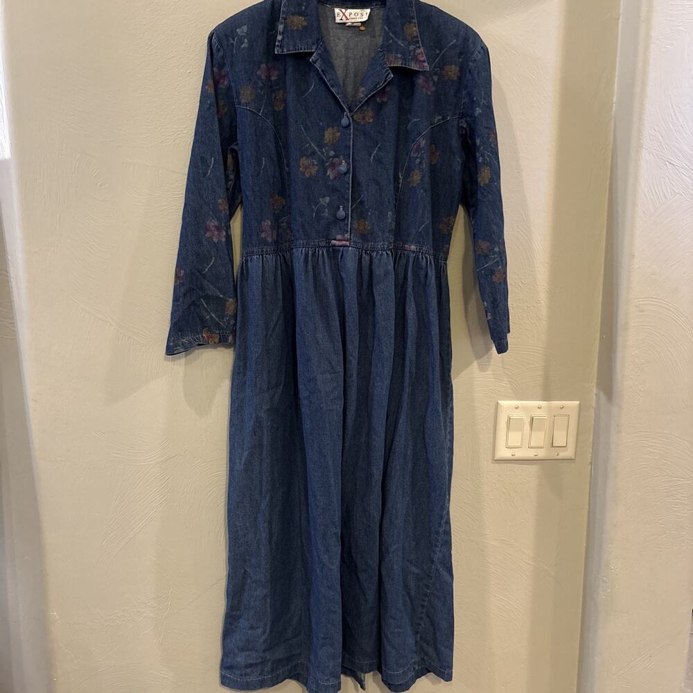 Vintage Expose‎ Denim maxi dress Long sleeves A-line size Small 48” length